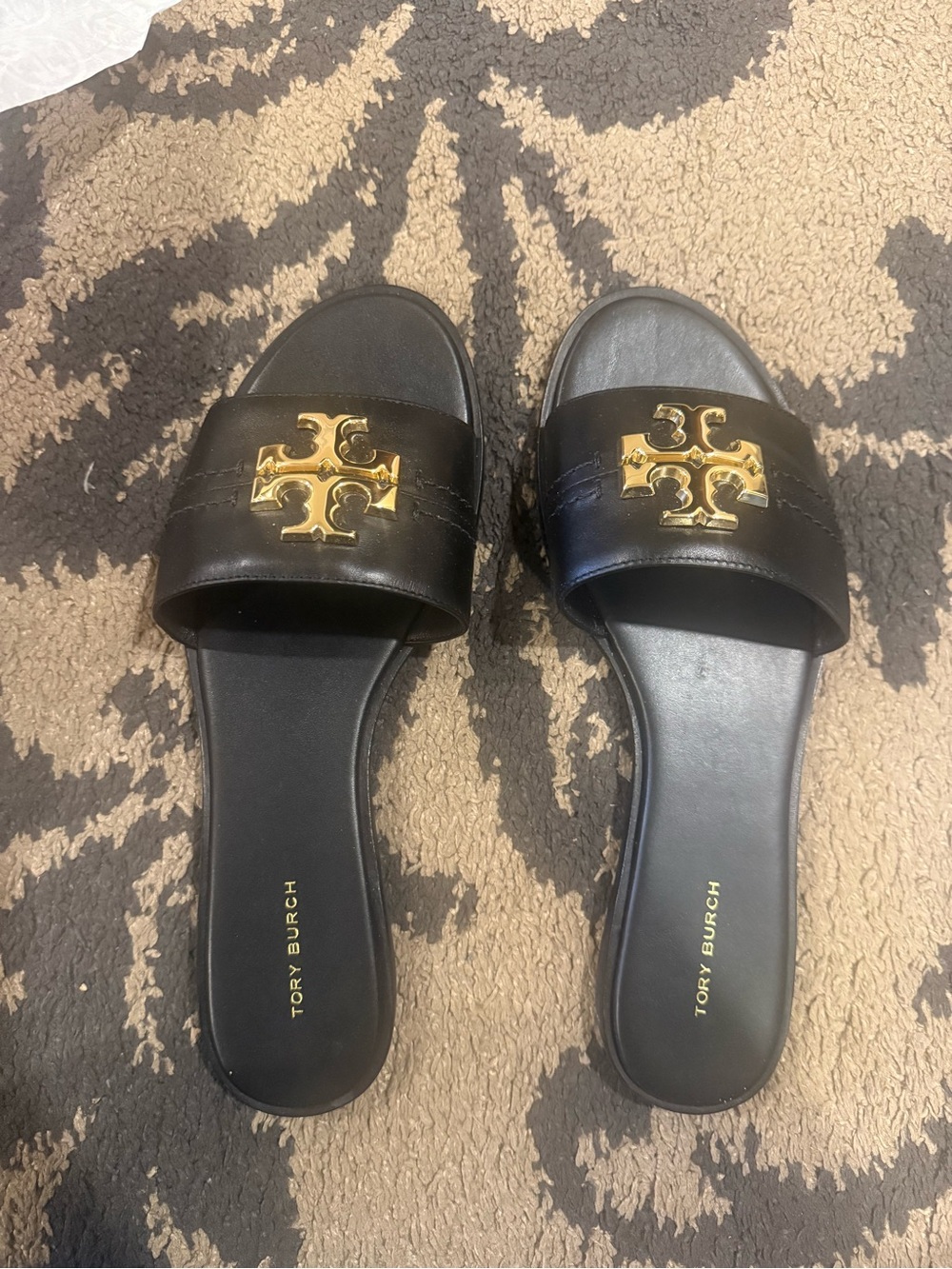Tory Burch Black Leather Slide Sandals with Gold Logo